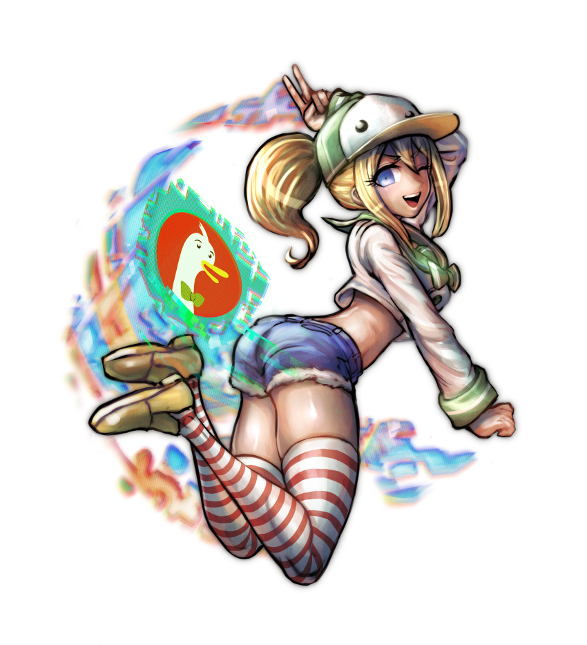 1girl ;d absurdres baseball_cap blonde_hair blue_eyes commentary danganronpa_(series) denim denim_shorts duckduckgo duckduckgo_(merryweather) english_commentary female_focus floating from_behind full_body green_sailor_collar hair_between_eyes hat highres internet_explorer_(webcomic) komatsuzaki_rui_(style) long_sleeves looking_at_viewer midriff minster_(dooke) one_eye_closed open_mouth parody personification ponytail sailor_collar shirt shoes short_shorts shorts sidelocks simple_background smile solo style_parody thighhighs thighs v-shaped_eyebrows white_background white_shirt yellow_shoes