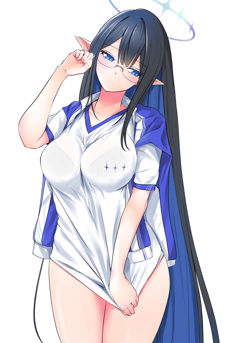 1girl absurdres black_hair blue_archive blue_eyes blush bra bra_visible_through_clothes breasts collarbone cowboy_shot elf glasses gym_uniform highres large_breasts long_hair looking_at_viewer p.i.t.d pointy_ears rin_(blue_archive) see-through_clothes shirt shirt_tug short_sleeves simple_background solo thighs underwear very_long_hair white_background white_shirt