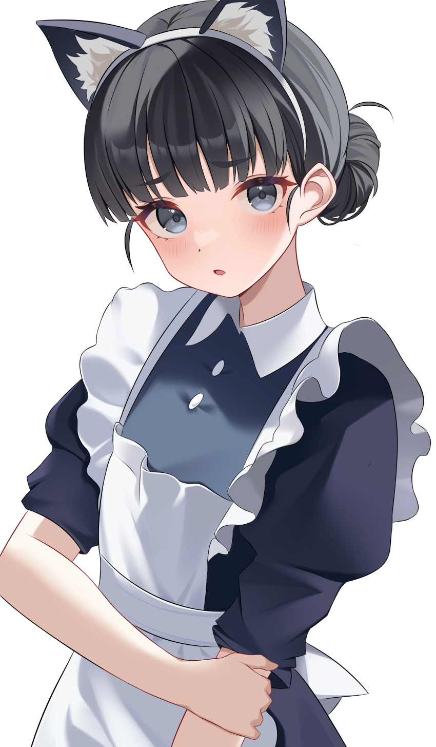 1girl absurdres animal_ears apron basori_tiara black_dress black_hair blue_eyes blush breasts cat_ears dress fake_animal_ears frilled_apron frills highres holding_own_arm kenomotsu_yukuwa looking_at_viewer maid make_heroine_ga_oo_sugiru! puffy_short_sleeves puffy_sleeves short_sleeves simple_background small_breasts solo white_apron white_background