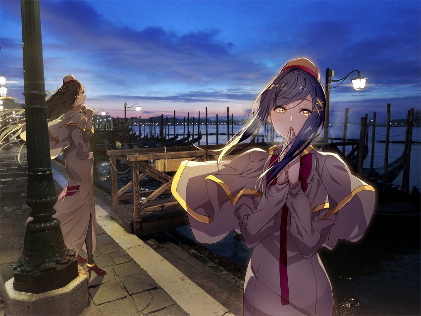 2girls aika_granzchesta akira_ferrari aria_(manga) black_hair black_pantyhose blue_hair bow bowtie bridge capelet dress earrings gondola hair_ornament hairpin hands_on_own_hips hat high_heels highres himeya_company_uniform horizon jewelry lamppost long_dress long_hair multiple_girls narumi_nanami night night_sky own_hands_together pantyhose photo_(medium) photo_background red_bow red_bowtie short_hair short_hair_with_long_locks side_slit sidelocks sky smile standing swept_bangs venice white_capelet white_dress wooden_bridge x_hair_ornament yellow_eyes yellow_trim