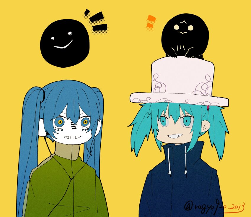 2girls absurdres aqua_eyes aqua_hair crazy_eyes donut_hole_(vocaloid) dual_persona green_hoodie hat hatsune_miku headphones highres hood hoodie long_hair matryoshka_(vocaloid) multicolored_eyes multiple_girls pale_skin ragyo920_2013 short_hair smile smiley_face twintails vocaloid yellow_background