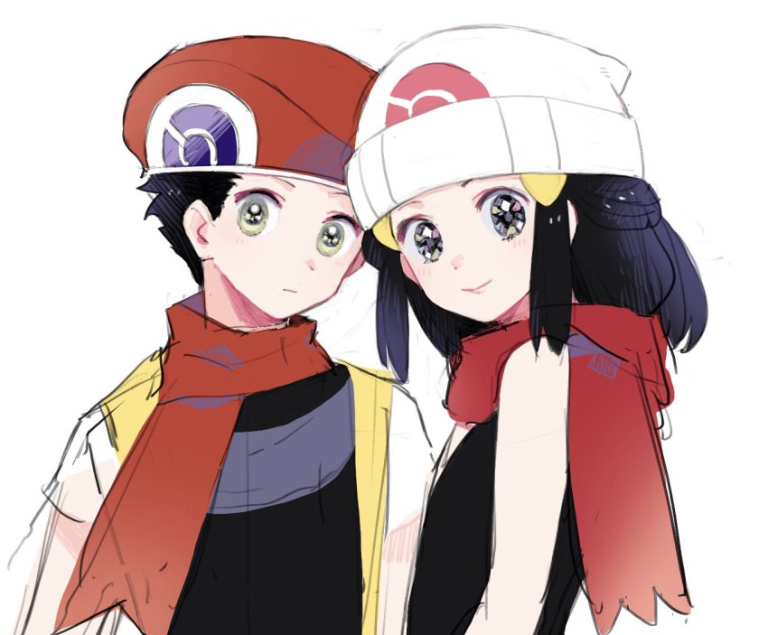 1boy 1girl beanie black_eyes black_hair black_shirt cabbie_hat closed_mouth dawn_(pokemon) expressionless green_eyes gum_(gmng) hat looking_at_viewer lucas_(pokemon) medium_hair nintendo pokemon pokemon_dppt red_headwear red_scarf scarf shirt short_hair short_sleeves sidelocks simple_background sketch sleeveless sleeveless_shirt smile upper_body white_background white_headwear