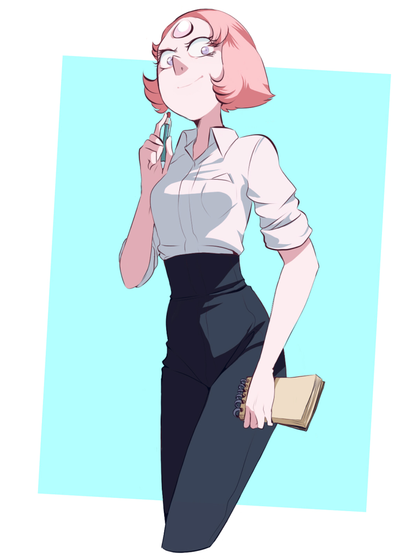 1girl alternate_costume border breasts collared_shirt cowboy_shot cropped_legs cyan_background dress_shirt facing_viewer female_focus forehead_jewel high-waist_pants highres jcm2 looking_at_viewer mechanical_pencil notepad pants pearl_(steven_universe) pencil pointy_nose shirt simple_background skinny small_breasts solo standing steven_universe white_border