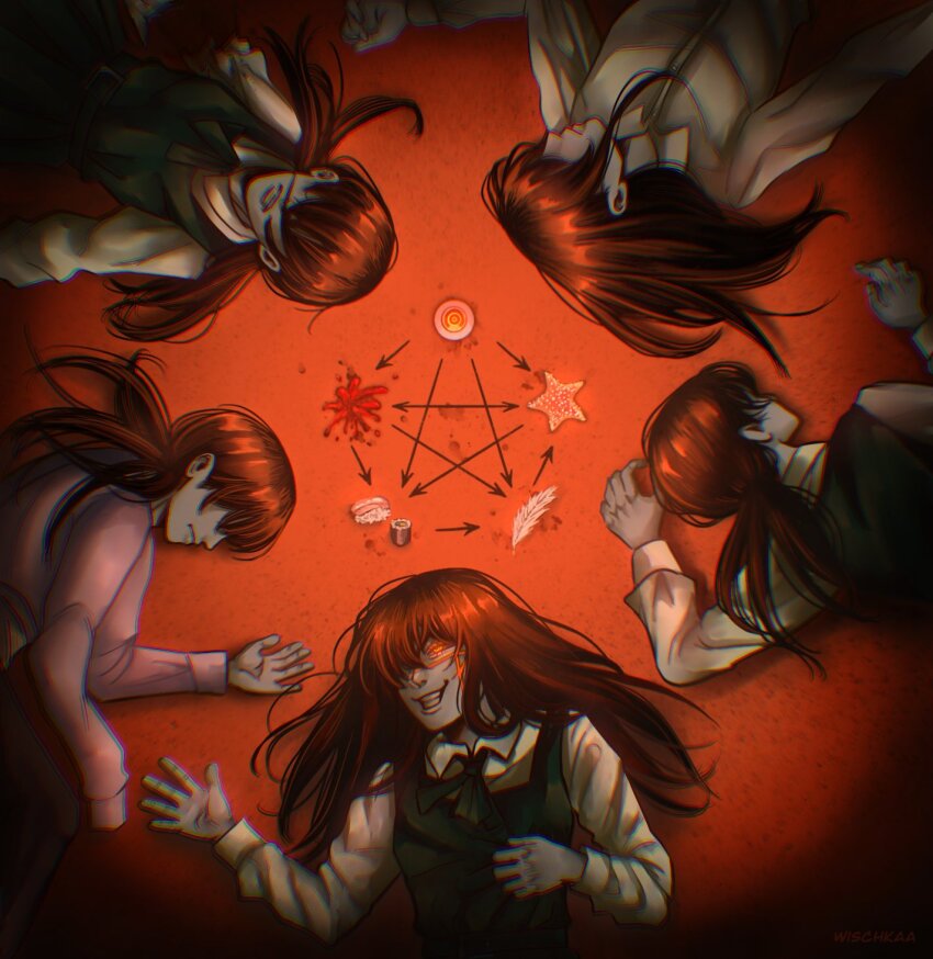 album_cover_redraw arrow_(symbol) chainsaw_man chromatic_aberration coat commentary cross_scar derivative_work dual_persona evil_grin evil_smile facial_scar feathers food fourth_east_high_school_uniform glowing glowing_eyes grin hair_over_eyes hair_over_one_eye highres long_hair lying mitaka_asa multiple_persona on_back on_side parody phantom_siita ponytail ringed_eyes scar scar_on_cheek scar_on_face school_uniform smile starfish sushi wischkaa yoru_(chainsaw_man)