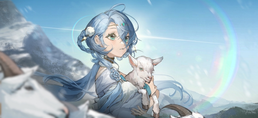 1girl 37_(reverse:1999) absurdres alternate_costume animal animal_hug blue_eyes blue_hair blue_sky braid braided_hair_rings day dress from_side fur_collar goat gold_choker hair_between_eyes hair_ornament hair_rings highres holding holding_animal lamb lens_flare looking_afar low_ponytail mountain outdoors parted_lips pom_pom_(clothes) pom_pom_hair_ornament ponytail reverse:1999 sangxin-bingkuang_chang_ergouzi sheep sky solo upper_body white_dress