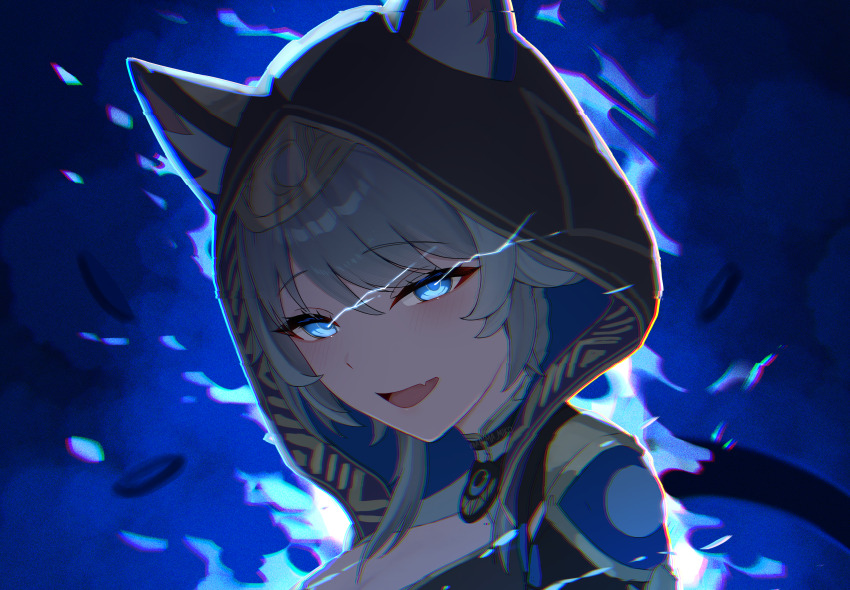 1girl absurdres anima_miko animal_ears aura black_hood blue_background blue_eyes cat_ears chromatic_aberration cipher_(honkai:_star_rail) coin commentary_request eye_trail fang glowing glowing_eyes grey_hair highres honkai:_star_rail honkai_(series) light_trail skin_fang
