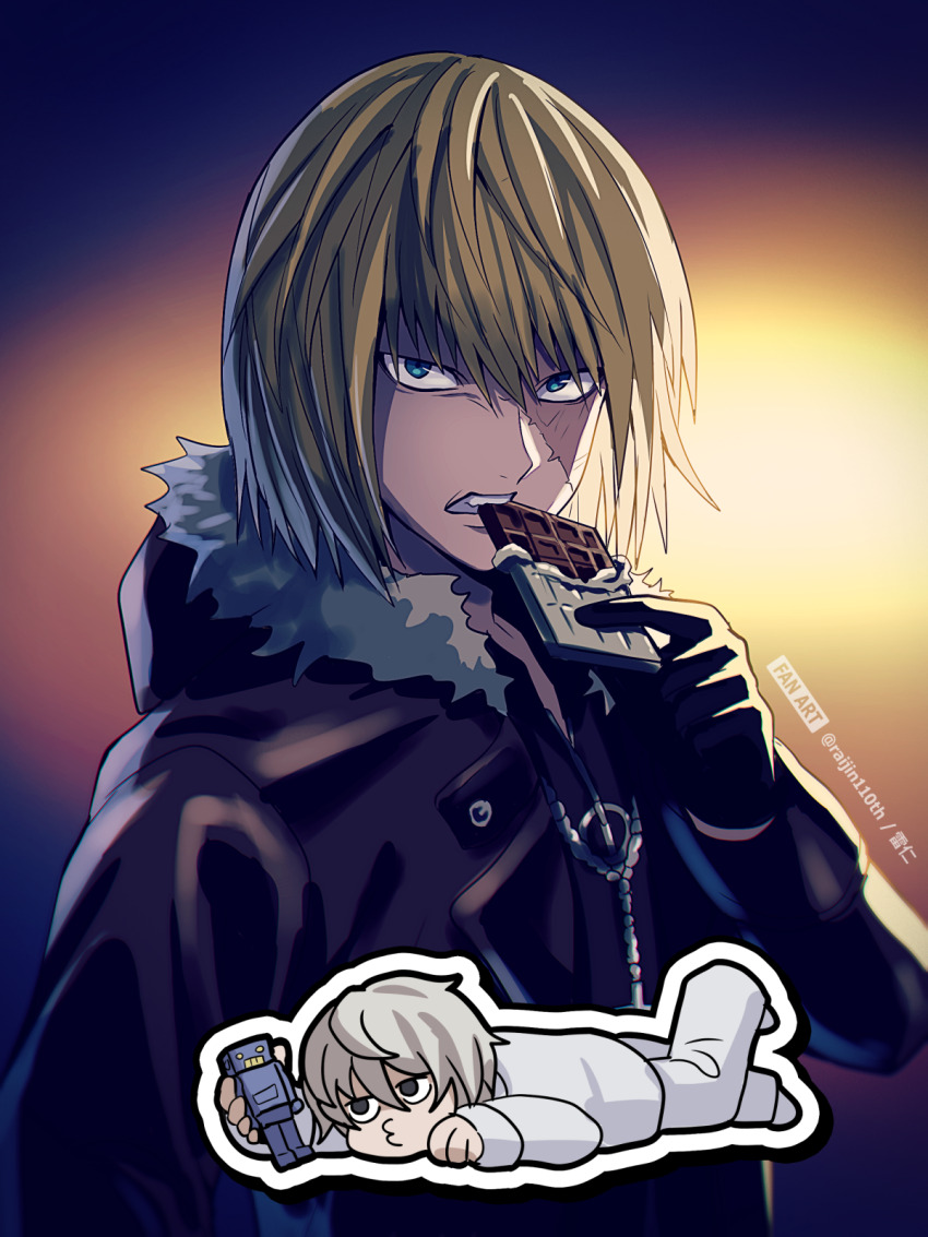 2boys biting black_coat black_gloves blonde_hair blue_eyes candy chocolate chocolate_bar coat commentary_request death_note food fur-trimmed_hood fur_trim gloves gradient_background highres hood hood_down looking_at_viewer lying male_focus mello_(death_note) multiple_boys near_(death_note) on_stomach pants pursed_lips raijin-bh scar scar_on_face shirt short_hair white_pants white_shirt