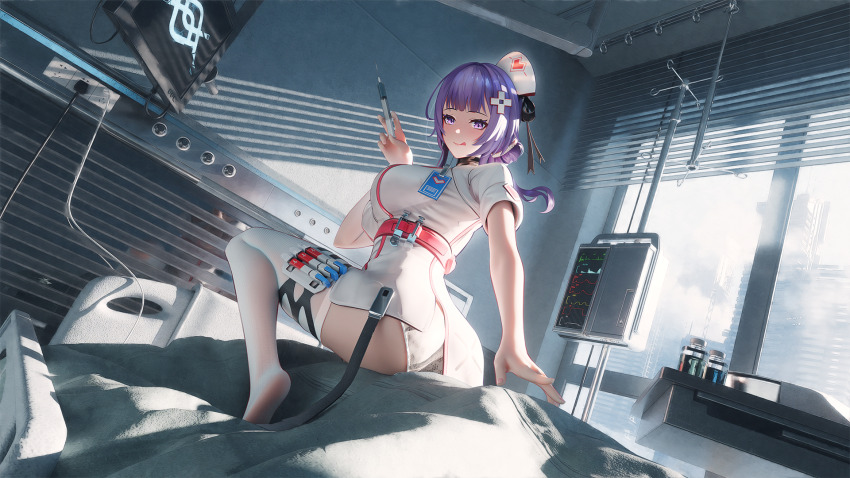 1girl ass bed breasts character_request commentary_request dutch_angle hat highres holding holding_syringe hospital_bed intravenous_drip iv_stand large_breasts mr_ito nurse nurse_cap panties pantyhose pill_bottle purple_eyes purple_hair sitting snowbreak:_containment_zone solo syringe thighhighs thighs underwear white_pantyhose white_thighhighs window window_blinds