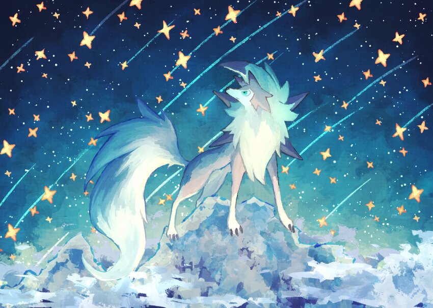 7_phi_3 all_fours blue_eyes body_fur brown_fur dog gen_7_pokemon highres looking_up lycanroc lycanroc_(dusk) nintendo no_humans outdoors pokemon pokemon_(creature) solo star_(sky) star_(symbol) white_fur
