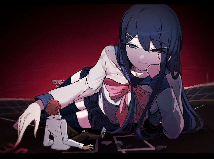 1boy 1girl arm_support baseball_field black_skirt black_thighhighs blue_eyes blue_hair blue_sailor_collar bow bowtie commentary cowboy_shot danganronpa:_trigger_happy_havoc danganronpa_(series) facing_away giant giantess gradient_background highres jacket kuwata_leon long_hair long_sleeves looking_at_another looking_up maizono_sayaka orange_hair pink_bow pink_bowtie pleated_skirt red_background sailor_collar shirt sidelocks skirt smile stadium surprised thighhighs upper_body white_jacket white_shirt zettai_ryouiki zhengyi_(yoyo96976212807)