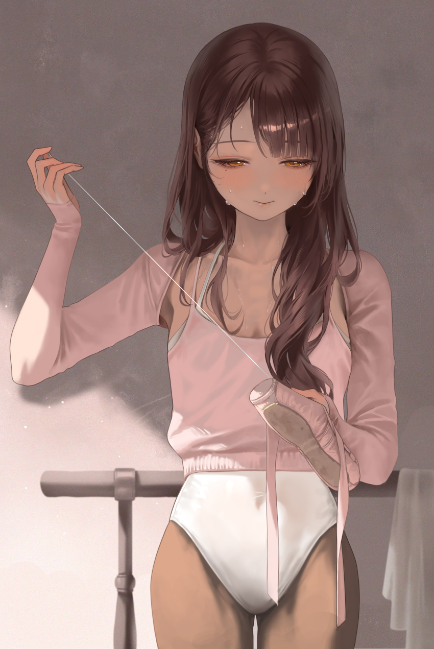 1girl absurdres asha_(bangsom) ballerina ballet_slippers bangsom blush breasts brown_eyes brown_hair commentary covered_navel english_commentary hair_over_shoulder highres indoors leotard maintenance original pantyhose parted_bangs sleeves_past_wrists small_breasts smile solo sunlight sweat white_leotard