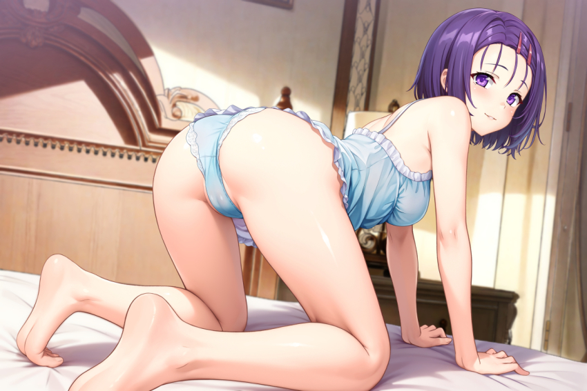 1girl all_fours ass barefoot blue_nightgown blue_panties commentary commentary_request denhijou_niki english_commentary feet from_behind hair_ornament hairclip indoors legs mixed-language_commentary nightgown on_bed paid_reward_available panties purple_eyes purple_hair sairenji_haruna smile soles solo thighs to_love-ru toenails toes underwear