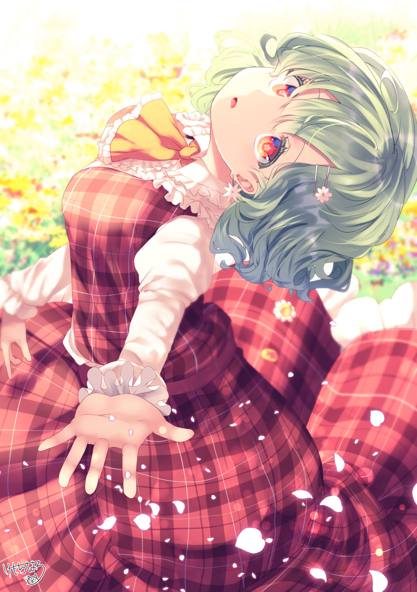 1girl absurdres artist_name dress earrings flower green_hair hair_ornament hairclip head_tilt highres jewelry kazami_yuuka kemo_chiharu looking_at_viewer necktie open_hand open_mouth pedal plaid_clothes plaid_skirt puffy_sleeves reaching reaching_towards_viewer red_dress red_eyes short_hair skirt sunlight symbol-shaped_pupils touhou yellow_neckwear