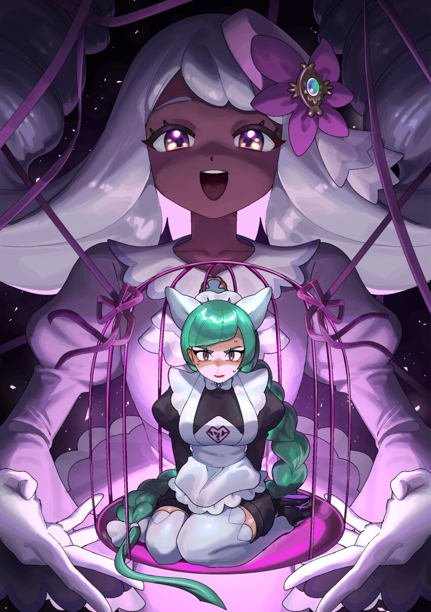 2girls anipoke_uruto apron black_dress cage commentary_request dark-skinned_female dark_skin dress fascinator gloves green_hair highres jacinthe_(pokemon) lebanne_(pokemon) long_hair maid maid_apron maid_headdress multiple_girls nintendo pokemon pokemon_legends:_z-a purple_dress purple_eyes thighhighs very_dark_skin white_gloves white_thighhighs