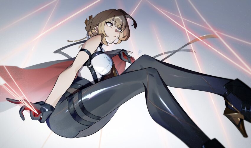 1girl black_gloves black_pants blonde_hair breasts chest_harness closed_mouth commentary english_commentary evelyn_chevalier gloves hair_bun harness highres kgynh large_breasts legs pants shirt sleeveless sleeveless_shirt thigh_strap tight_clothes tight_pants white_shirt yellow_eyes zenless_zone_zero