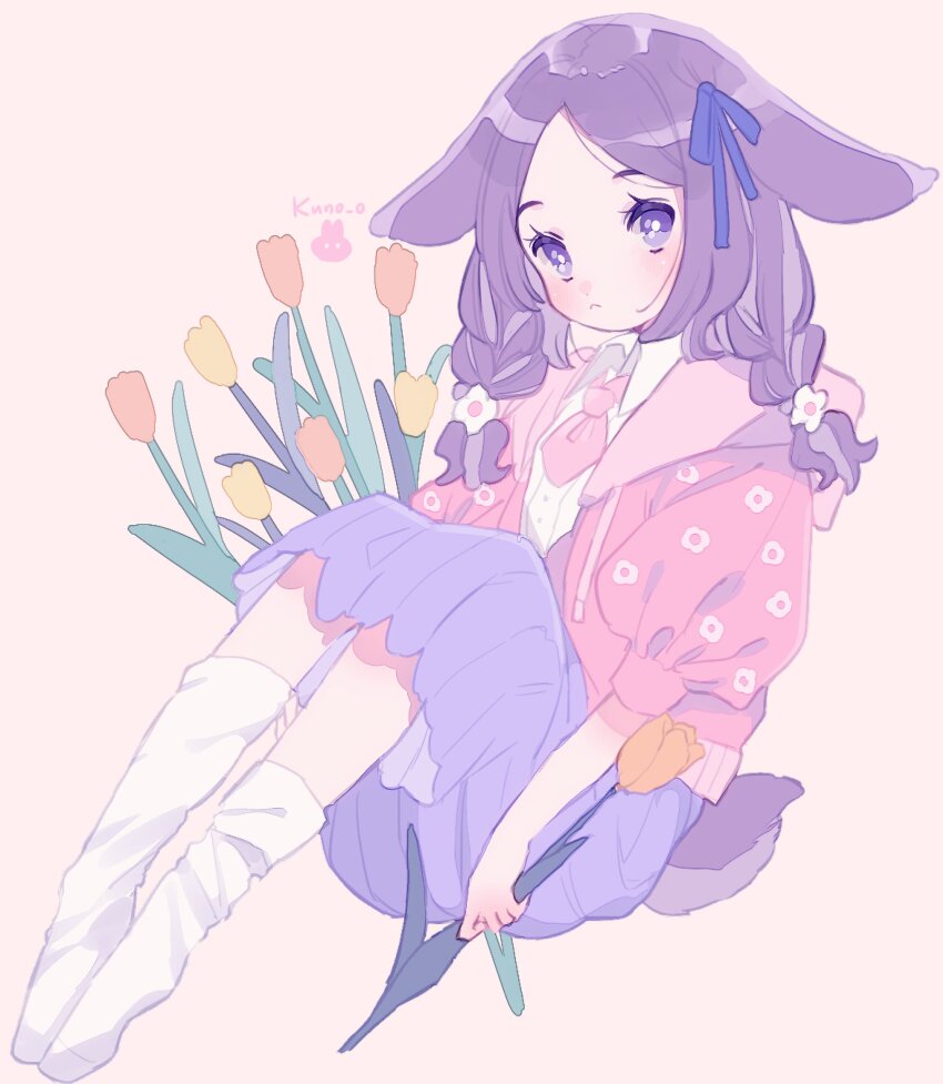 1girl animal_ears artist_name blue_skirt closed_mouth flower highres hood hooded_jacket jacket jikuno long_hair looking_at_viewer necktie original pink_background pink_jacket pink_necktie purple_eyes purple_hair short_hair short_sleeves simple_background sitting skirt socks solo tail twintails white_socks
