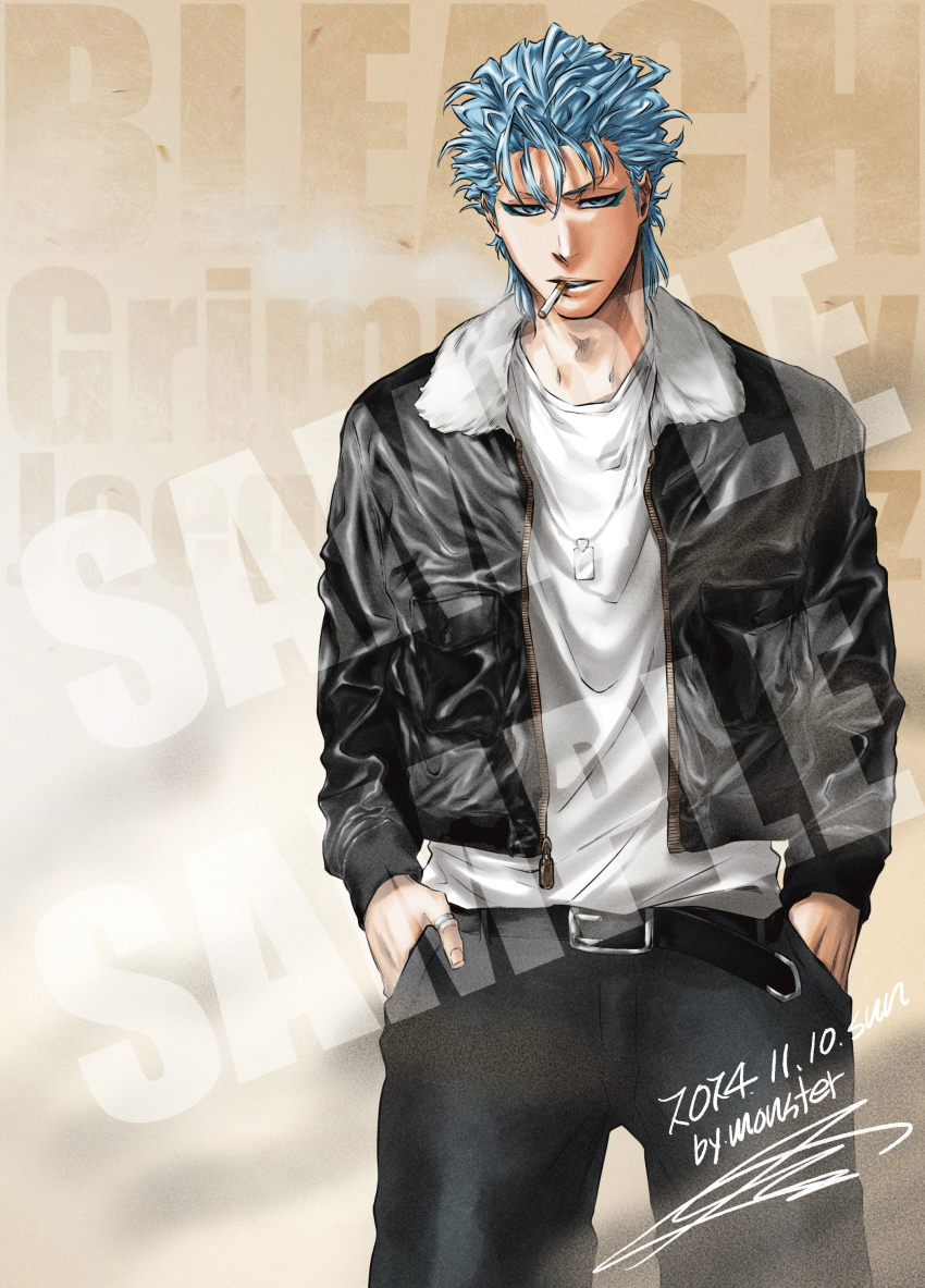 1boy 2024 absurdres alternate_costume belt black_belt black_jacket black_pants bleach blue_eyes blue_hair character_name cigarette commentary contemporary copyright_name cowboy_shot dated facial_mark film_grain fur-trimmed_jacket fur_trim grimmjow_jaegerjaquez hair_between_eyes hands_in_pockets highres jacket jewelry korean_commentary looking_at_viewer making-of_available male_focus monster_art_(rlawnsgr7) necklace open_clothes open_jacket pants parted_lips procreate_(medium) ring sample_watermark shirt short_hair signature simple_background smoke smoking solo spiked_hair tsurime v-shaped_eyebrows watermark white_shirt zipper