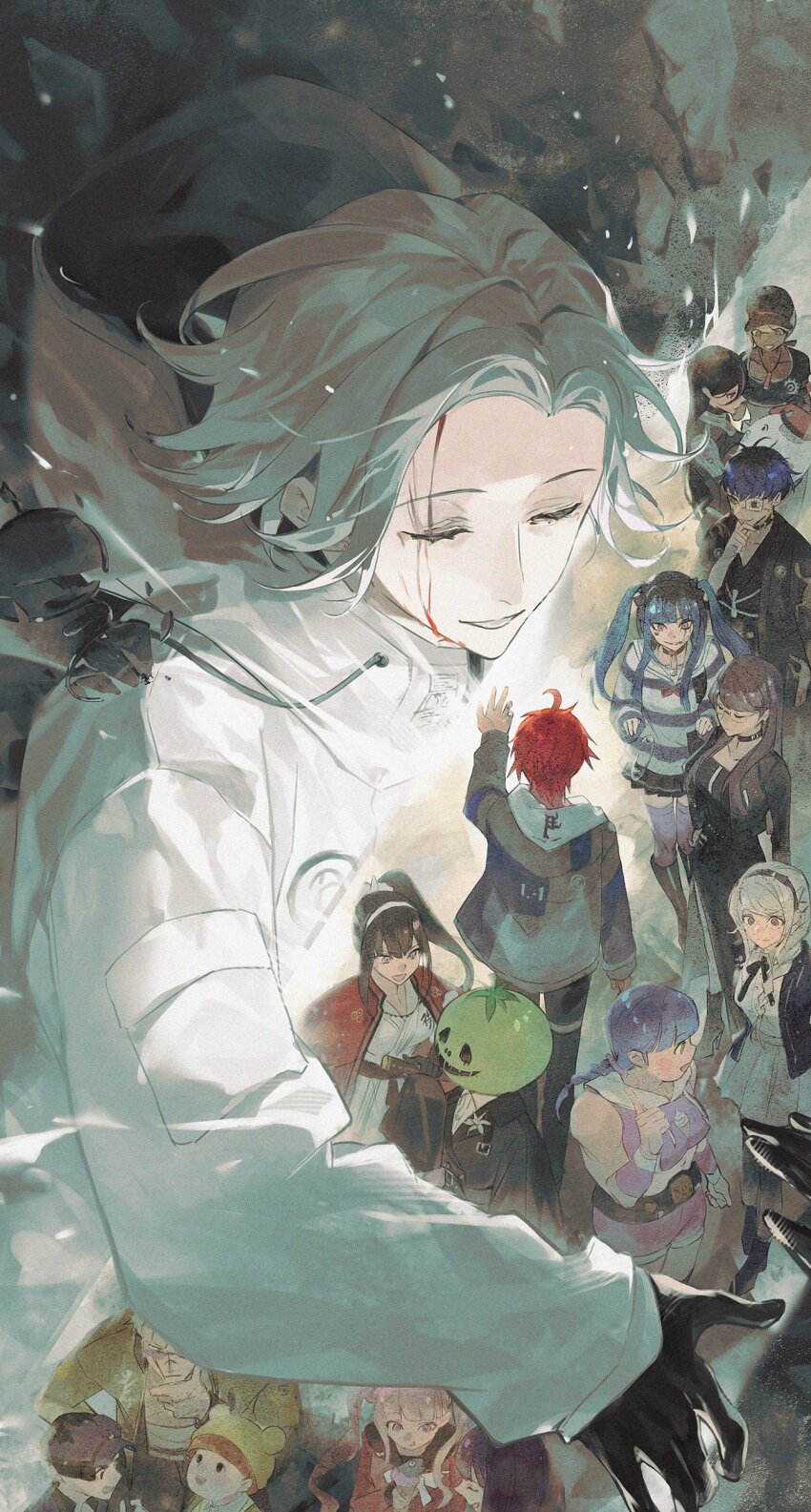 6+boys 6+girls absurdres ahoge amemiya_darumi aotsuki_eito baseball_cap bbprism belt black_belt black_boots black_choker black_gloves black_hair black_hairband black_haori black_kimono black_pants black_ribbon black_shirt black_skirt blonde_hair blood blood_on_face blue_hair blue_hat boots bow braid braided_ponytail broken_eyewear brown_hair championship_belt choker closed_eyes crop_top eva_(hundred_line) eyepatch ginzaki_shouma glasses gloves green_hat green_jacket grey_hair grey_jacket hair_over_shoulder hairband haori hat highres holding holding_ice_cream_cone hood hooded_jacket ice_cream_cone jacket japanese_clothes jewelry kawana_tsubasa kimono kirifuji_nozomi long_hair long_skirt magadori_kyoshika maruko_gaku mask mojiro_moko multiple_boys multiple_girls necklace nigou_(hundred_line) omokage_yugamu oosuzuki_kurara pants pleated_skirt ponytail purple_hair purple_shorts red_hair red_shirt ribbon scar scar_on_face shirt shizuhara_hiruko short_hair shorts skirt smile striped_clothes striped_shirt sumino_takumi sunglasses teeth the_hundred_line_-last_defense_academy- thigh_strap thighhighs tsukumo_ima tsukumo_kako twintails white_bow white_jacket white_shirt white_skirt yakushiji_takemaru