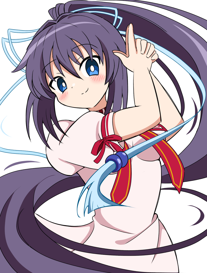 1girl absurdres black_hair blue_eyes cowboy_shot dress finger_gun hair_ribbon highres konohana_lucia long_hair neck_ribbon pink_dress ponytail red_ribbon rewrite ribbon silky_(silky_illust) simple_background solo standing very_long_hair white_background