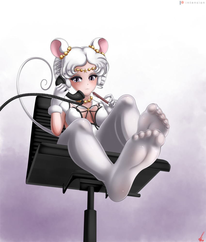 1girl animal_ears bishoujo_senshi_sailor_moon blush breasts feet female_focus highres medium_breasts mouse_ears purple_eyes sailor_iron_mouse sitting solo thighhighs tiara white_hair white_thighhighs