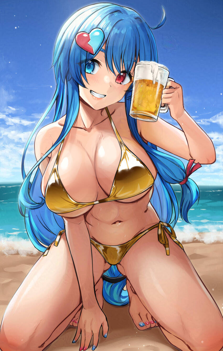 1girl absurdres ahoge alcohol amehare_hau arm_between_breasts beach beer between_breasts bikini blue_eyes blue_hair blue_nails blue_sky breasts cleavage cloud collarbone commentary_request cup day gold_bikini grin hair_ornament heart heart_hair_ornament heterochromia highres holding holding_cup horizon kneeling large_breasts long_hair looking_at_viewer nail_polish navel ocean outdoors red_eyes red_nails sky smile solo swimsuit tenneko_yuuri thighs toenail_polish toenails voicevox