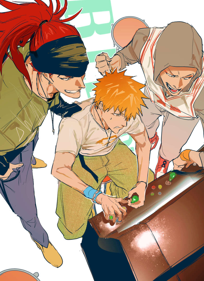 3boys abarai_renji absurdres arcade bleach chamsut0905 earrings facial_mark from_above hand_in_pocket hand_on_another&#039;s_shoulder headband highres hood hood_up jersey jewelry kurosaki_ichigo madarame_ikkaku male_focus multiple_boys necklace open_mouth orange_hair playing_games ponytail red_hair shoes short_sleeves smile stool sweatdrop