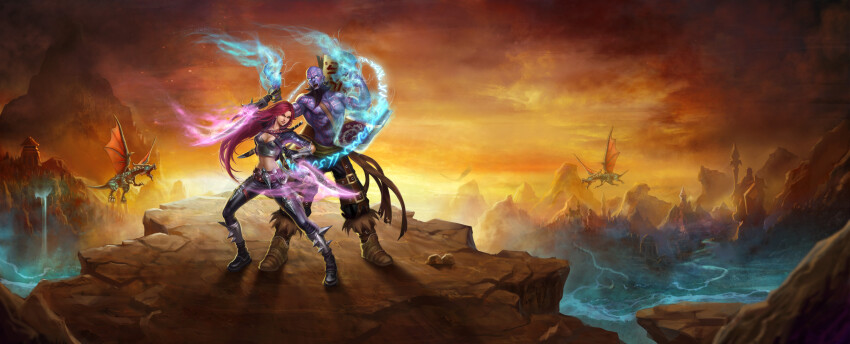 1boy 1girl absurdres armlet bald beard black_jacket black_pants boots breasts brown_footwear brown_pants cleavage cleavage_cutout closed_mouth clothing_cutout cloud cloudy_sky dagger dragon dual_wielding facial_hair full_body glowing glowing_eyes glowing_weapon highres holding holding_dagger holding_knife holding_weapon jacket jewelry ji_zhang katarina_(league_of_legends) knife league_of_legends long_hair medium_breasts midriff navel open_mouth orange_sky outdoors pants purple_hair ryze sky standing stomach topless_male weapon