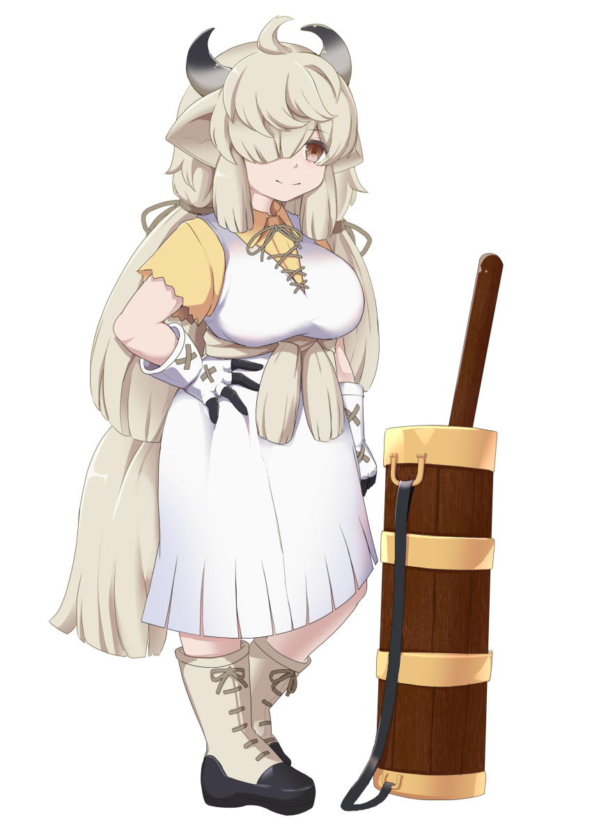 1girl black_boots black_gloves blush boots bow bowtie brown_bow brown_bowtie brown_eyes butter_churn collared_shirt dress frilled_dress frilled_sleeves frills full_body gloves hair_bow hair_over_one_eye highres kemono_friends kkkkkenzen long_dress long_hair multicolored_boots ox_ears ox_girl ox_horns ox_tail shirt short_sleeves smile solo t-shirt twintails two-tone_boots two-tone_gloves white_boots white_dress white_gloves yak_(kemono_friends) yellow_shirt