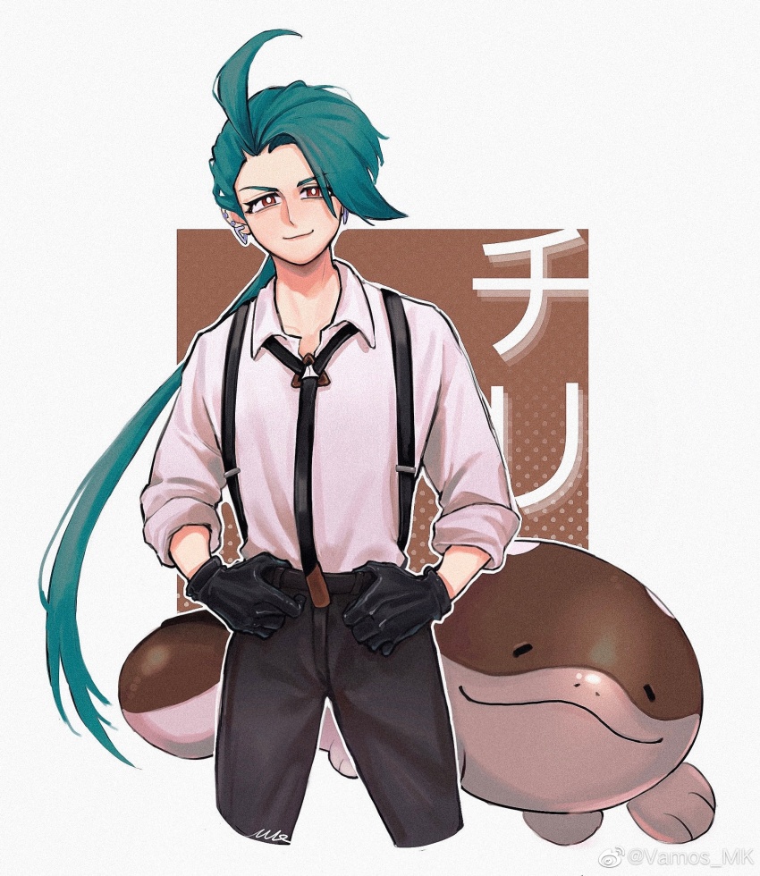 1girl black_gloves black_necktie black_pants bright_pupils clodsire collared_shirt creatures_(company) cropped_legs earrings game_freak gloves green_hair grey_hair highres jewelry long_sleeves looking_at_viewer necktie nintendo pants pokemon pokemon_sv reverse_trap rika_(pokemon) shirt smile solo suspenders thumb_in_beltline vamos_mk white_pupils white_shirt