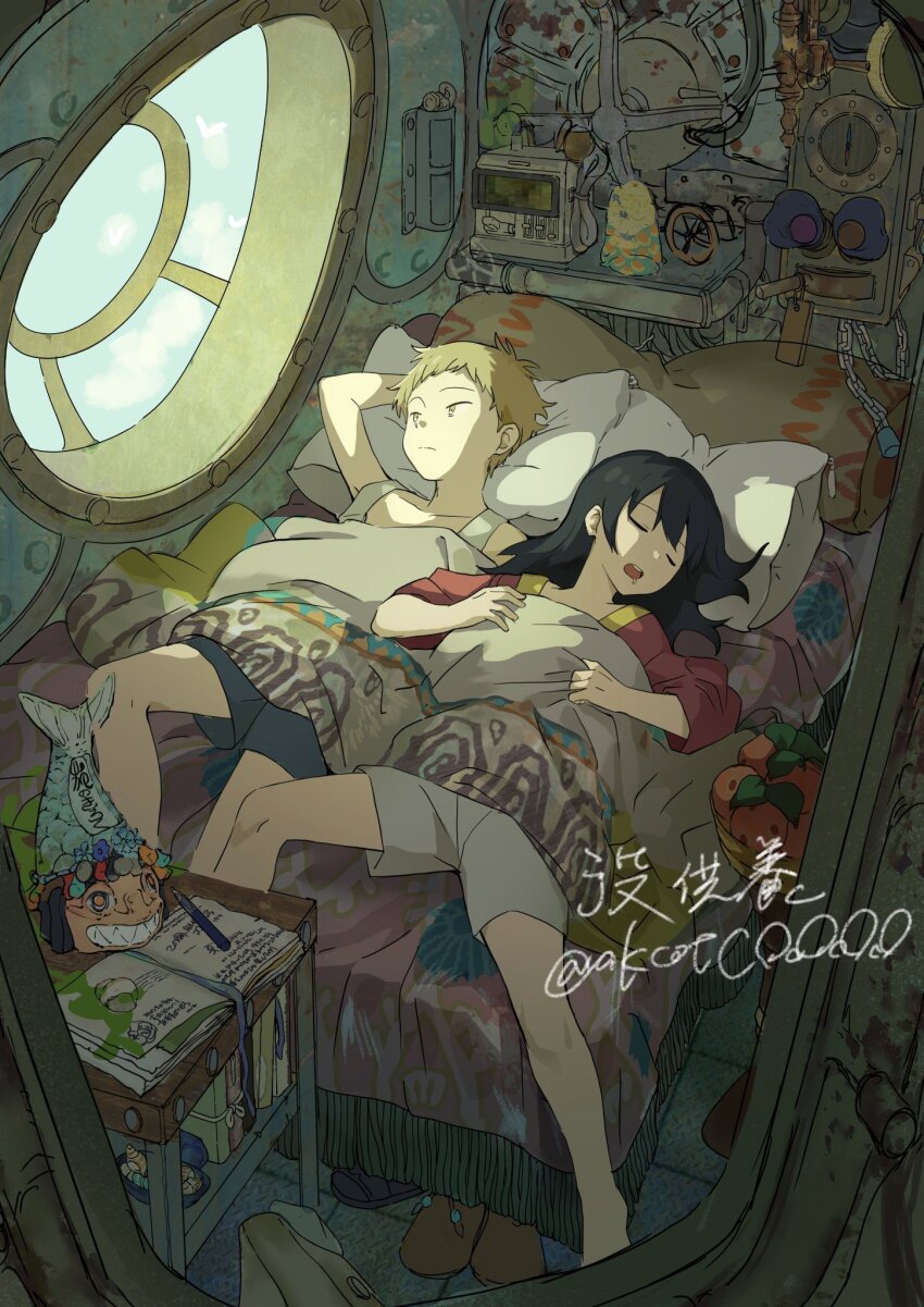 1boy 1girl artist_name black_hair book chakotata drooling highres indoors lying original pen pillow room sleeping window