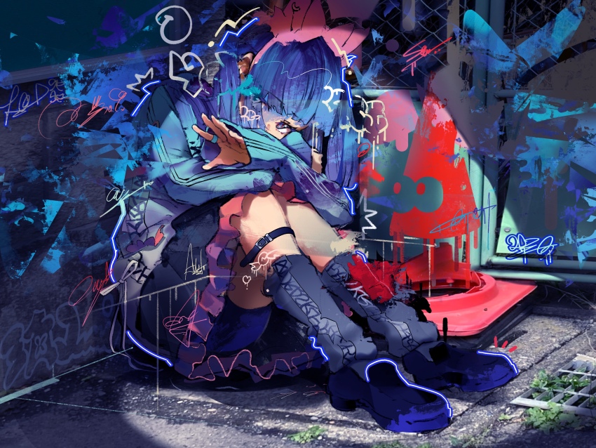1girl absurdres blue_hair bow bow_hairband commentary graffiti hairband highres jewelry long_hair mikake3x original pink_bow ring signature solo traffic_cone