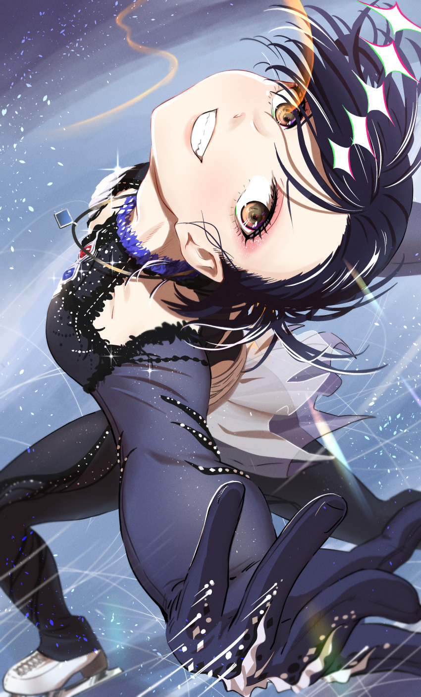 1girl absurdres akira_(kazf3852) black_hair black_pants black_shirt breasts brown_eyes clothing_cutout collarbone commentary eye_trail eyeshadow figure_skating figure_skating_dress grin head_tilt highres light_trail looking_up makeup medalist_(manga) motion_lines okazaki_iruka pants pink_eyeshadow shirt shoes shoulder_cutout small_breasts smile solo white_shoes