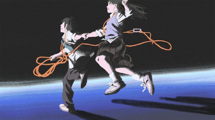 1boy 1girl amber389 black_hair black_pants black_skirt blue_necktie dark_background full_body grey_sweater_vest grey_vest highres holding_hands jumping long_hair loose_socks mizuho_(sonny_boy) nagara_(sonny_boy) necktie pants rope running school_uniform shadow shirt shoes short_hair skirt sneakers socks sonny_boy sweater_vest sweater_vest_lift vest white_shirt