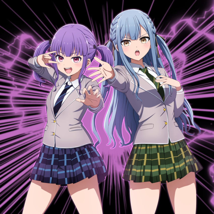 2girls bang_dream! bang_dream!_it&#039;s_mygo!!!!! black_ribbon blue_hair blue_necktie blue_skirt blush braid chuunibyou collared_shirt commentary_request diagonal-striped_clothes diagonal-striped_necktie green_necktie green_skirt grey_jacket hair_ribbon highres jacket long_hair long_sleeves multiple_girls necktie noshimurin open_mouth pink_eyes plaid_clothes plaid_skirt pleated_skirt purple_hair ribbon shirt sidelocks skirt striped_clothes teeth textless_version togawa_sakiko twintails two_side_up udagawa_ako upper_teeth_only white_shirt yellow_eyes