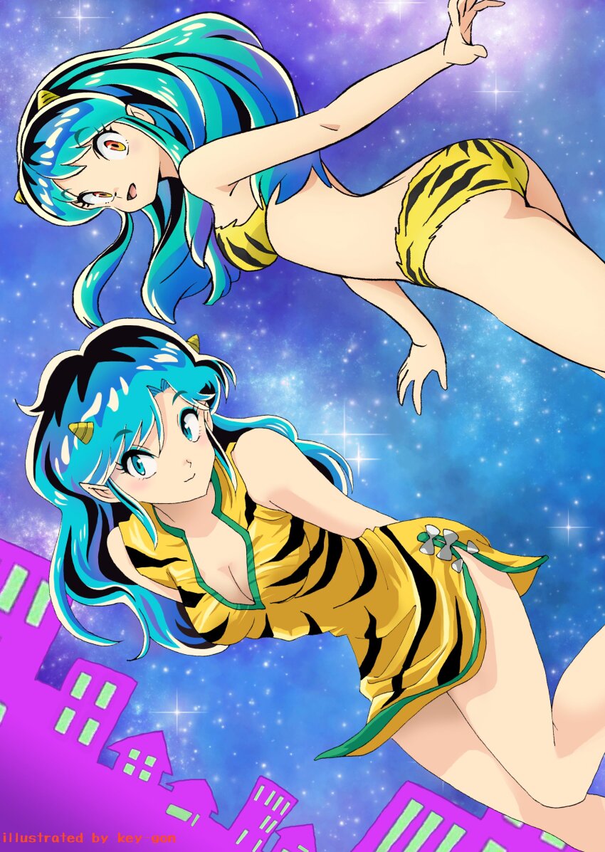 2girls absurdres animal_print aqua_eyes arms_behind_back bikini breasts cleavage cone_horns dress gradient_hair green_hair highres horns jian_yin looking_at_viewer lum lum&#039;s_mother mother_and_daughter multicolored_hair multiple_girls night open_mouth orange_eyes pointy_ears print_bikini print_dress sky sleeveless sleeveless_dress star_(sky) starry_sky swimsuit tiger_print urusei_yatsura