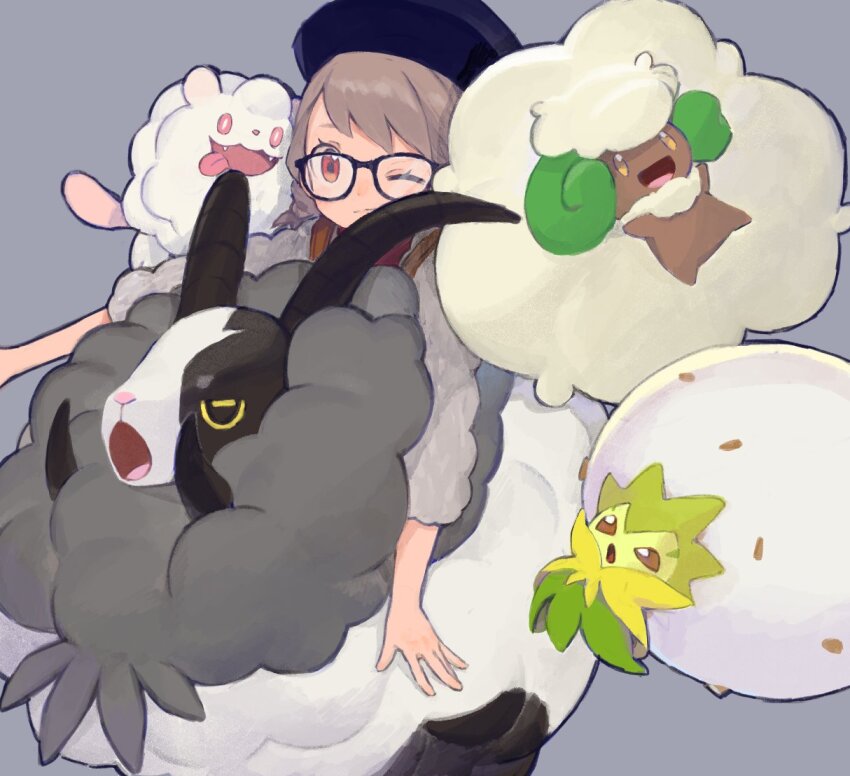 1girl black-framed_eyewear black_hat brown_hair cardigan closed_mouth commentary_request dubwool eldegoss fangs gen_5_pokemon gen_6_pokemon gen_8_pokemon glasses gloria_(pokemon) grey_background grey_cardigan hat horns karamomo looking_at_viewer nintendo open_mouth pokemon pokemon_(creature) pokemon_swsh red_eyes simple_background swirlix tongue tongue_out whimsicott