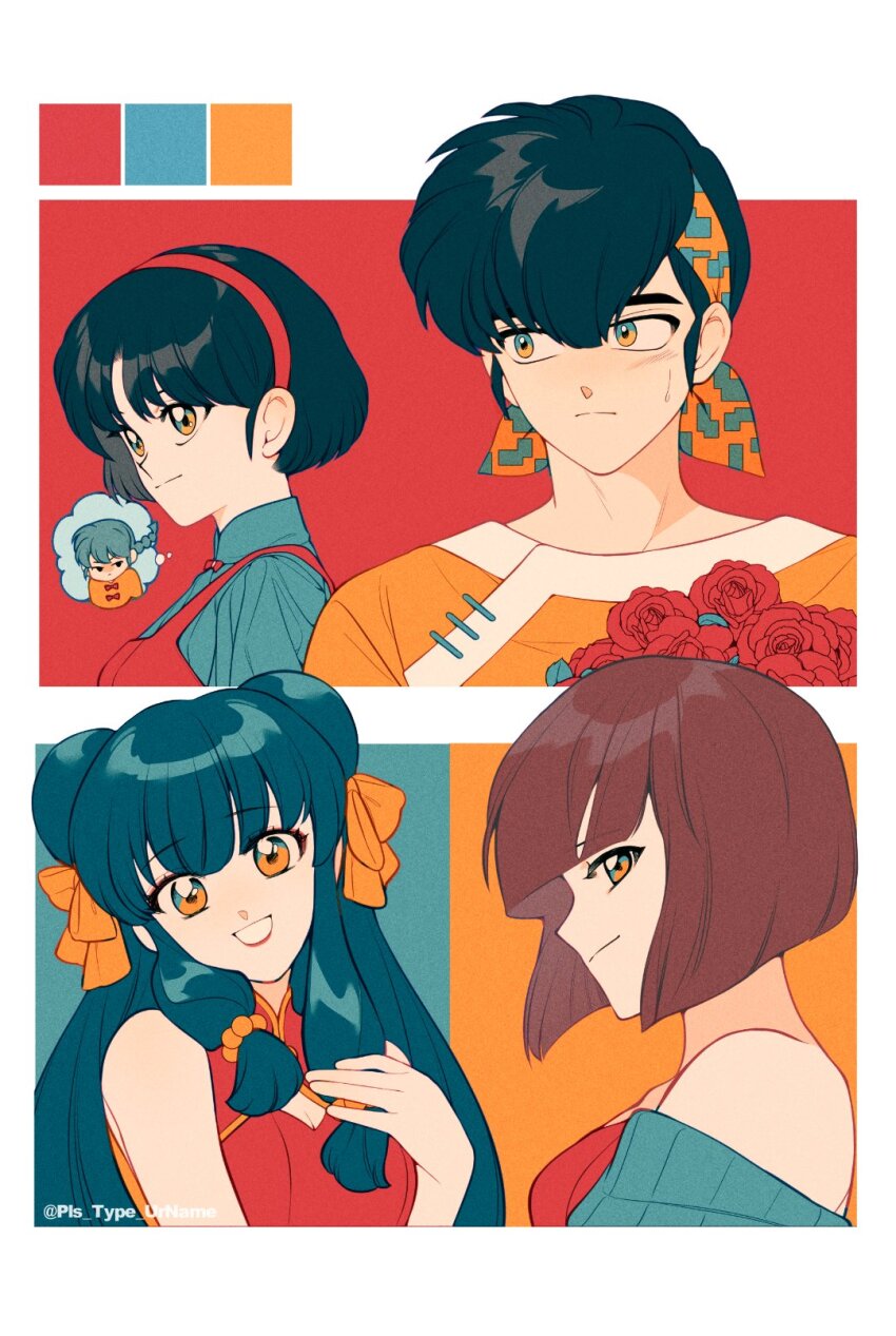2boys 3girls :d alternate_eye_color alternate_hair_color aqua_background aqua_bandana aqua_shirt aqua_sweater artist_name bandana bare_shoulders black_eyes black_hair blunt_bangs blunt_ends blush bob_cut border bouquet braid braided_ponytail breasts brown_hair camisole china_dress chinese_clothes cleavage cleavage_cutout closed_mouth clothing_cutout color_guide commentary double_bun dress eyelashes film_grain flower from_side green_hair hair_between_eyes hair_bobbles hair_bun hair_ornament hair_over_shoulder hair_ribbon hairband hand_on_own_chest head_tilt hibiki_ryouga highres holding holding_bouquet inverted_bob jitome korean_commentary light_smile lipstick long_hair looking_ahead looking_at_another looking_at_viewer looking_to_the_side makeup mandarin_collar medium_breasts multiple_boys multiple_girls off_shoulder open_mouth orange_background orange_bandana orange_ribbon orange_shirt parted_lips pinafore_dress ranma_1/2 red_background red_camisole red_dress red_flower red_hairband red_lips red_rose ribbon rose saotome_ranma shampoo_(ranma_1/2) shirt short_hair siblings sidelocks simple_background single_braid sisters sleeveless sleeveless_dress smile speech_bubble spoken_character sweatdrop sweater tangzhuang tendou_akane tendou_nabiki thought_bubble twitter_username two-tone_bandana white_background white_border yellow_eyes yonban_(pls_type_urname)