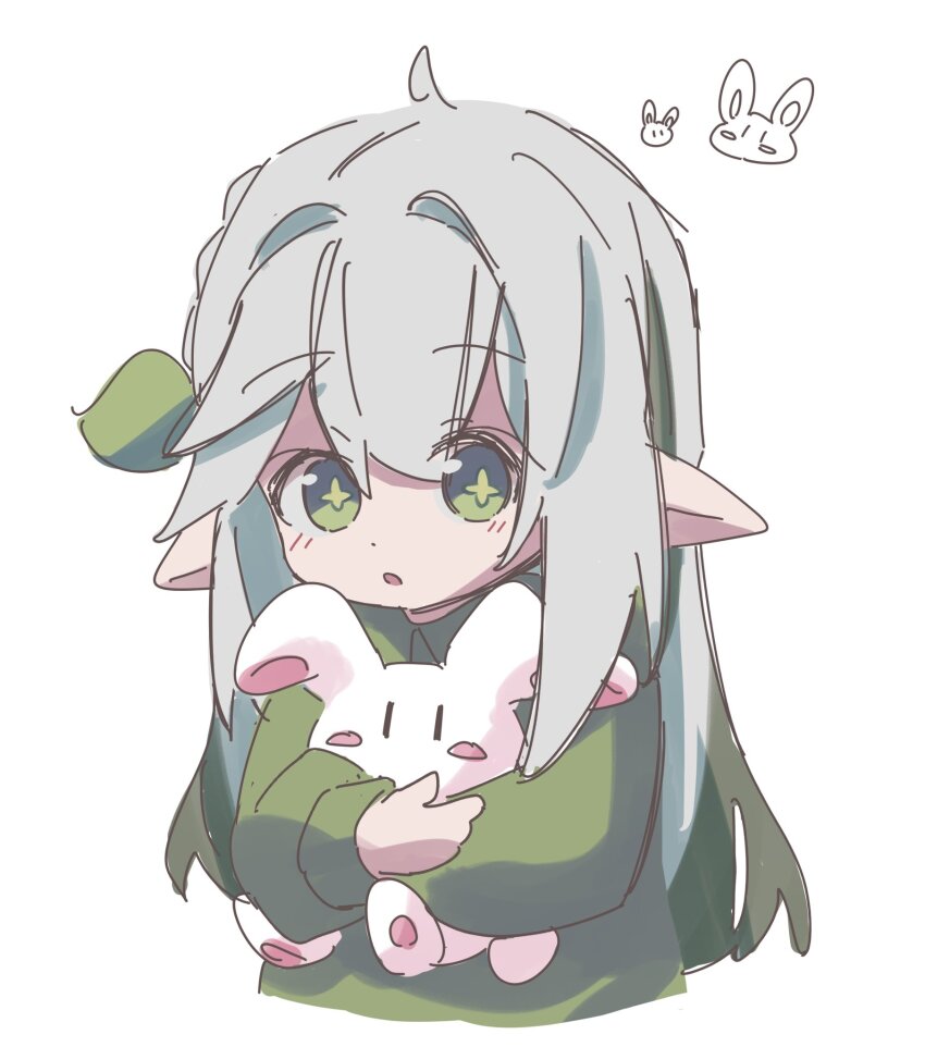 1girl animal cropped_torso cross-shaped_pupils genshin_impact green_eyes green_jacket grey_hair hair_between_eyes hair_ornament highres holding holding_animal holding_rabbit jacket karuthi leaf_hair_ornament long_hair long_sleeves looking_at_viewer nahida_(genshin_impact) parted_lips pointy_ears rabbit simple_background solo symbol-shaped_pupils white_background