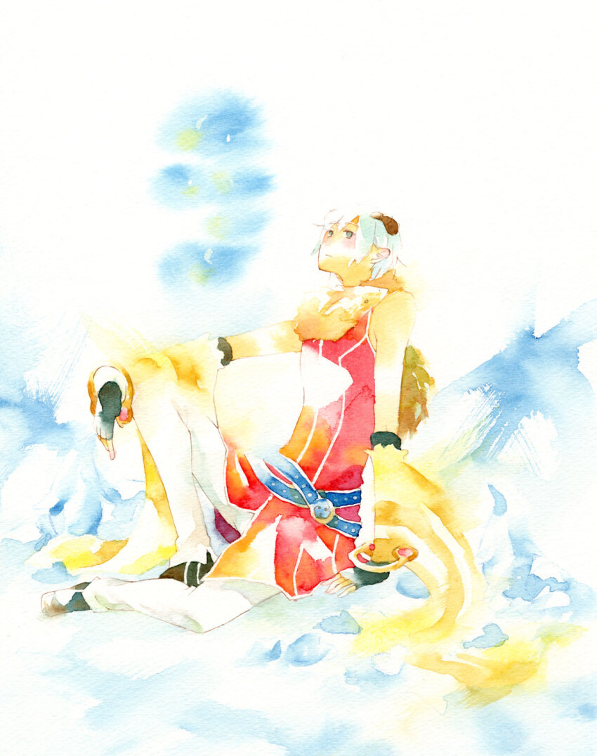 1boy animal animal_around_neck bangle belt black_gloves black_shoes blue_belt bracelet brown_horns closed_mouth commentary_request detached_sleeves expressionless fingerless_gloves fox full_body gloves grey_eyes highres horns jewelry looking_at_viewer male_focus painting_(medium) pants professor_(ragnarok_online) ragnarok_online red_shirt sansaro shirt shoes short_hair sitting sleeveless sleeveless_shirt solo striped_sleeves traditional_media watercolor_(medium) white_background white_hair white_pants white_sleeves yellow_sleeves