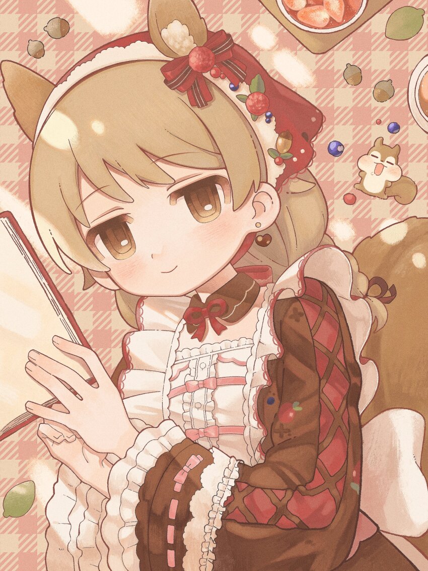 1girl absurdres acorn animal_ears bandana blueberry book bow bowtie braid brown_collar brown_dress brown_eyes brown_hair closed_mouth collar dappled_sunlight detached_collar dokodemonai dot_nose dress earrings food frilled_dress frills fruit heart heart_earrings highres idolmaster idolmaster_cinderella_girls idolmaster_cinderella_girls_starlight_stage jewelry leaf light_blush light_smile long_hair long_sleeves looking_at_viewer lying morikubo_nono official_alternate_costume on_back open_book picnic_blanket red_bandana red_bow red_bowtie solo squirrel squirrel_ears squirrel_girl squirrel_tail sunlight tail twin_braids waist_bow wide_sleeves