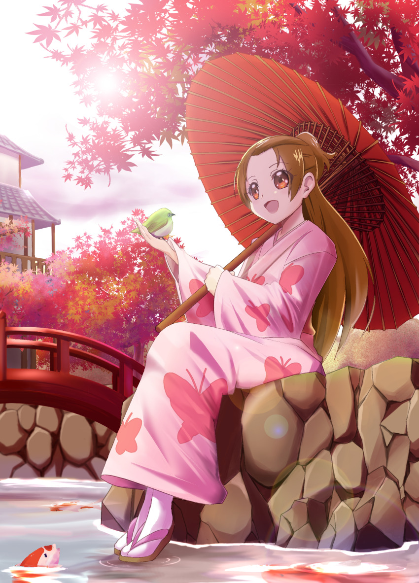 1girl absurdres alternate_costume animal_print autumn_leaves bird bridge brown_hair butterfly_print carp dokidoki!_precure fish highres holding holding_umbrella japanese_clothes kimono leaf long_hair long_sleeves madoka_aguri maple_leaf oil-paper_umbrella open_mouth pink_kimono precure print_kimono red_eyes sandals sitting smile socks solo tabi tirofinire umbrella water wide_sleeves yukata zouri