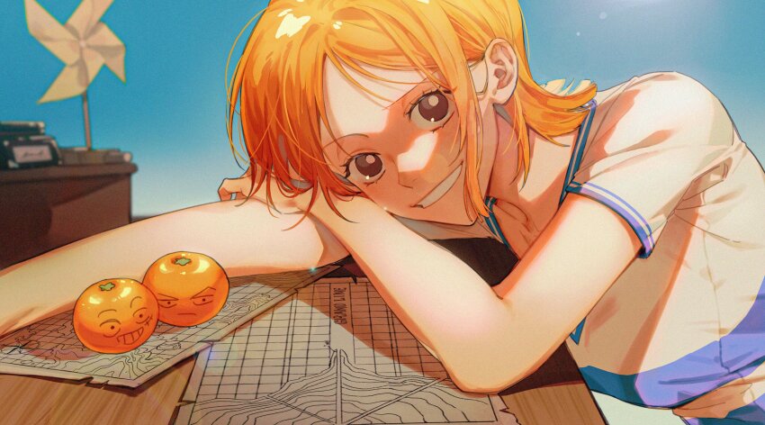 1girl arm_pillow bare_arms breasts brown_eyes commentary desk food fruit hair_behind_ear highres inkwell leaning_on_table looking_at_viewer mandarin_orange map medium_breasts monkey_d._luffy nami_(one_piece) nami_(one_piece)_(east_blue) one_piece oophytoncideoo orange_hair parted_lips pinwheel roronoa_zoro shirt short_hair short_sleeves single_sidelock smile solo striped_clothes striped_shirt upper_body v-neck white_shirt