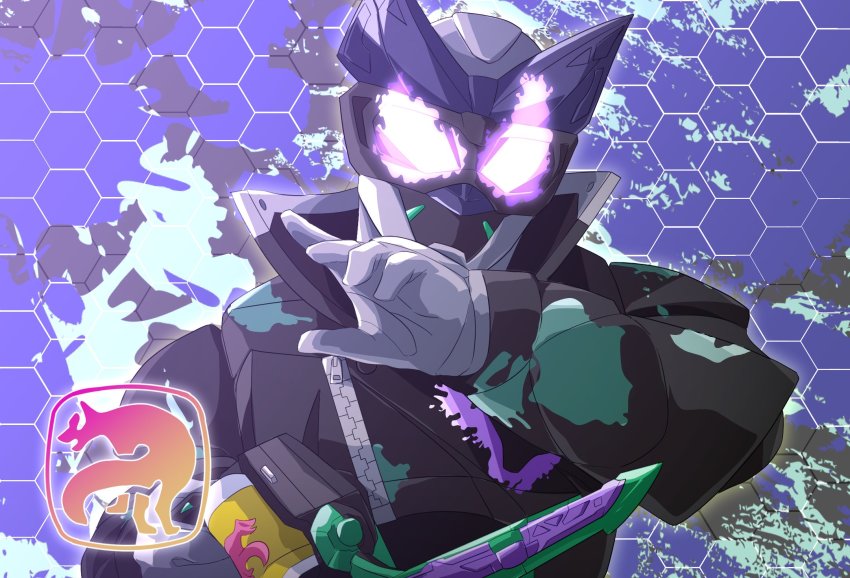 1boy animal_ears armor black_armor dark_foreground evilblade gloves glowing glowing_eyes highres jackal jackal_ears jackal_genome kamen_rider kamen_rider_evil kamen_rider_revice male_focus miyabi_(037) purple_eyes sky splatter splatter_print sword tokusatsu upper_body villain_pose weapon