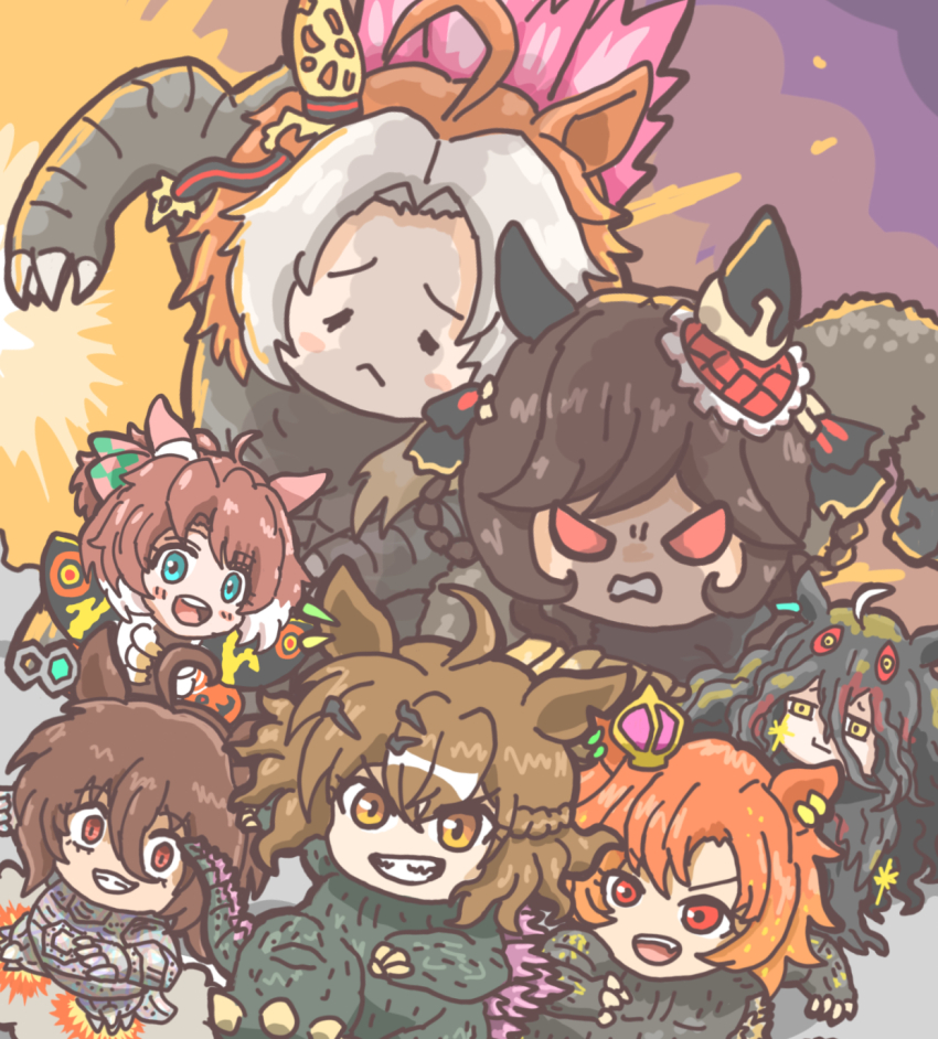 =_= agnes_tachyon_(umamusume) ahoge animal_ears aqua_eyes braid braided_hair_rings commentary_request cosplay crazy_eyes crazy_smile crossover crown dantsu_flame_(umamusume) deformed ear_covers ear_ornament ear_piercing earrings furrowed_brow gentildonna_(umamusume) giant giantess godzilla godzilla_(monsterverse) godzilla_(series) godzilla_evolved godzilla_vs._hedorah godzilla_vs._mechagodzilla godzilla_vs._megaguirus godzilla_vs._mothra godzilla_x_kong:_the_new_empire grin hair_between_eyes hair_intakes hair_rings hedorah hedorah_(cosplay) highres horse_ears horse_girl huge_ahoge jewelry jungle_pocket_(umamusume) kigurumi king_kong king_kong_(cosplay) king_kong_(series) legendary_pictures light_brown_hair long_hair manhattan_cafe_(umamusume) mechagodzilla mechagodzilla_(cosplay) medium_hair mini_crown monsterverse mothra mothra_(cosplay) multicolored_hair multiple_crossover notched_ear orange_hair orfevre_(umamusume) parody piercing pikpik0109 pink_crown poster_parody red_eyes single_ear_cover single_earring smile t.m._opera_o_(umamusume) teeth toho two-tone_hair umamusume umamusume:_beginning_of_a_new_era unamused upper_teeth_only v-shaped_eyes white_hair yellow_eyes