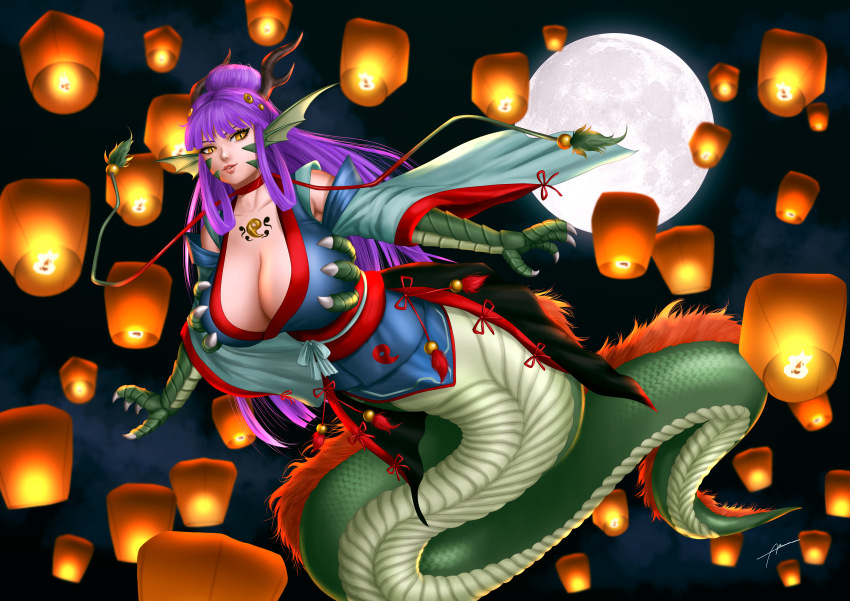 1girl abremson absurdres antlers breasts bursting_breasts chinese_lantern chinese_zodiac claws cleavage cloud dragon dragon_girl eastern_dragon fins flying full_moon highres horns huge_breasts japanese_clothes jewelry kimono looking_at_viewer magatama monster_girl monster_girl_encyclopedia monster_girl_encyclopedia_ii moon night no_bra purple_hair revealing_clothes ryu_(monster_girl_encyclopedia) slit_pupils year_of_the_dragon yellow_eyes