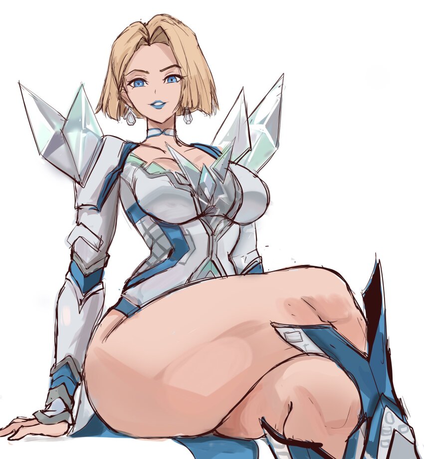 1girl arm_support blonde_hair blue_eyes blue_lips breasts choker commentary corset crossed_legs diamond_earrings earrings emma_frost highres jewelry large_breasts long_sleeves looking_at_viewer marvel marvel_rivals parted_lips pendant_earring rakeemspoon short_hair simple_background sitting solo thick_thighs thighs white_background white_choker white_corset