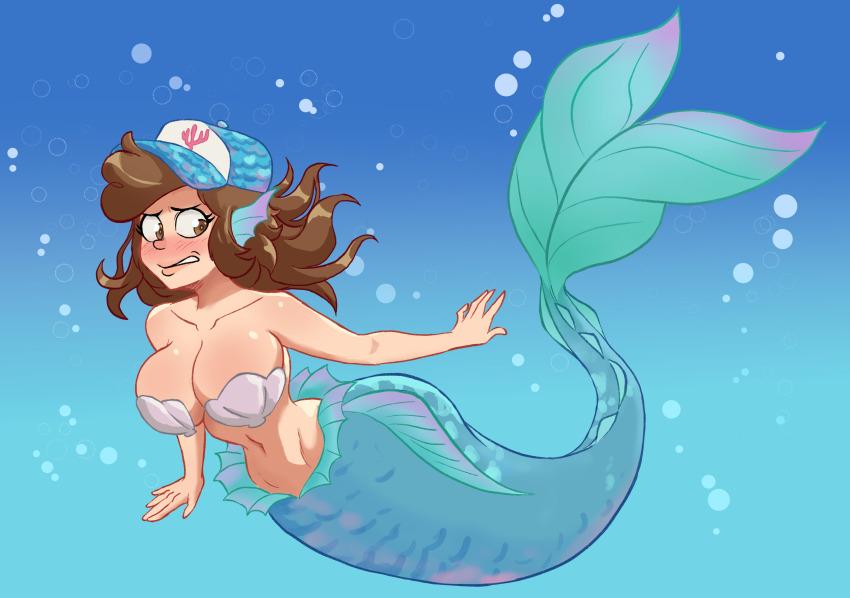 1girl absurdres air_bubble baseball_cap breasts brown_eyes brown_hair bubble collarbone coral_print dipper_pines fins gearthefae genderswap genderswap_(mtf) gravity_falls hat head_fins highres large_breasts long_hair mermaid monster_girl monsterification open_mouth shell shell_bikini short_hair underwater