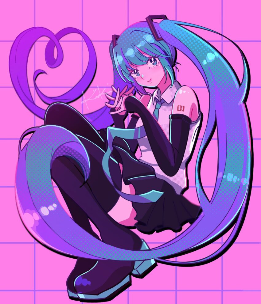 1girl aqua_necktie arm_tattoo black_gloves blunt_bangs boots collared_shirt commentary_request curled_up elbow_pads full_body gloves hair_ornament hatsune_miku heart highres interlocked_fingers lone_nape_hair looking_at_viewer miku_day necktie number_tattoo pink_background sail_ofhope shirt sidelocks simple_background single_elbow_pad skirt solo tattoo thigh_boots twintails vocaloid