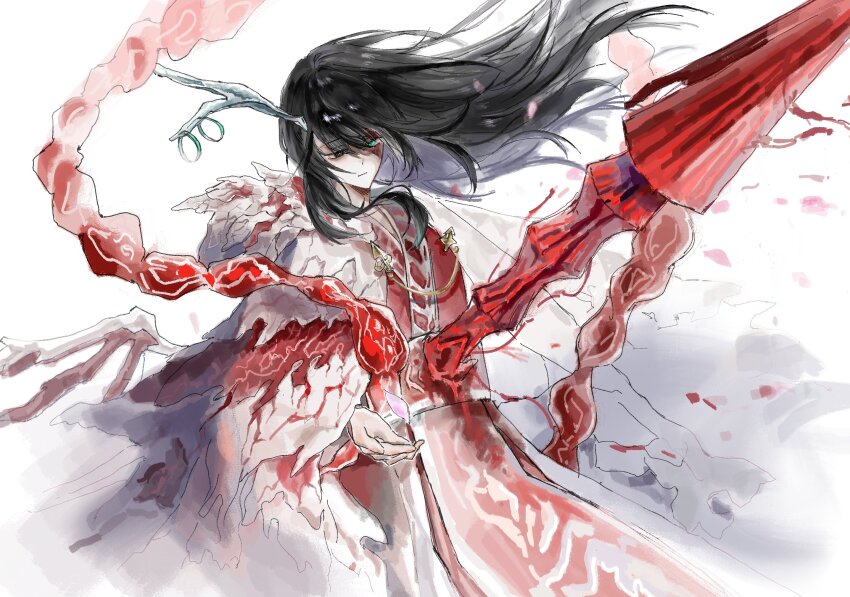 1boy antler_ring antlers black_eyes black_hair blue_eyes burn_scar cape fur_collar hair_flowing_over heterochromia highres hong_lu_(project_moon) horns impaled kanakaein29903 limbus_company male_focus outstretched_hand partially_shaded_face petals polearm project_moon scar sidelocks skeletal_wings solo spear tears_of_the_tarnished_blood_(e.g.o) weapon wings