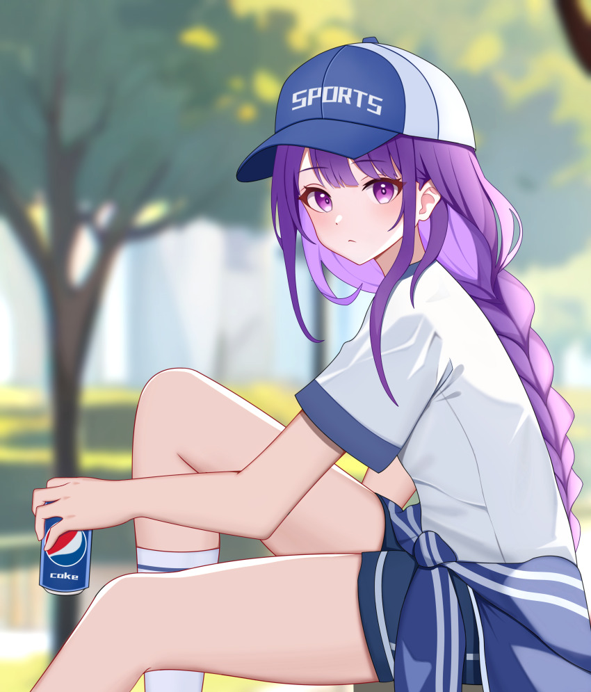 1girl absurdres baseball_cap blurry blurry_background commentary_request feet_out_of_frame genshin_impact hat highres kenomotsu_yukuwa long_braid long_hair looking_at_viewer outdoors pepsi purple_eyes purple_hair raiden_shogun shirt short_sleeves sitting solo thighs very_long_hair white_shirt